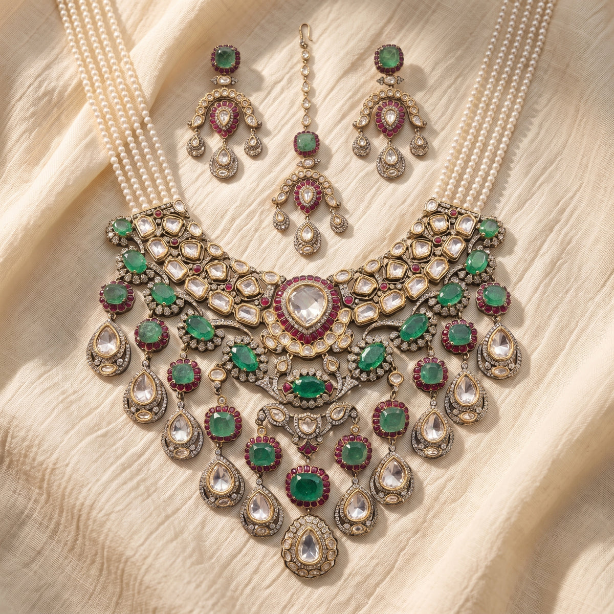 Noor Emerald Ruby Kundan Cascade Necklace Set
