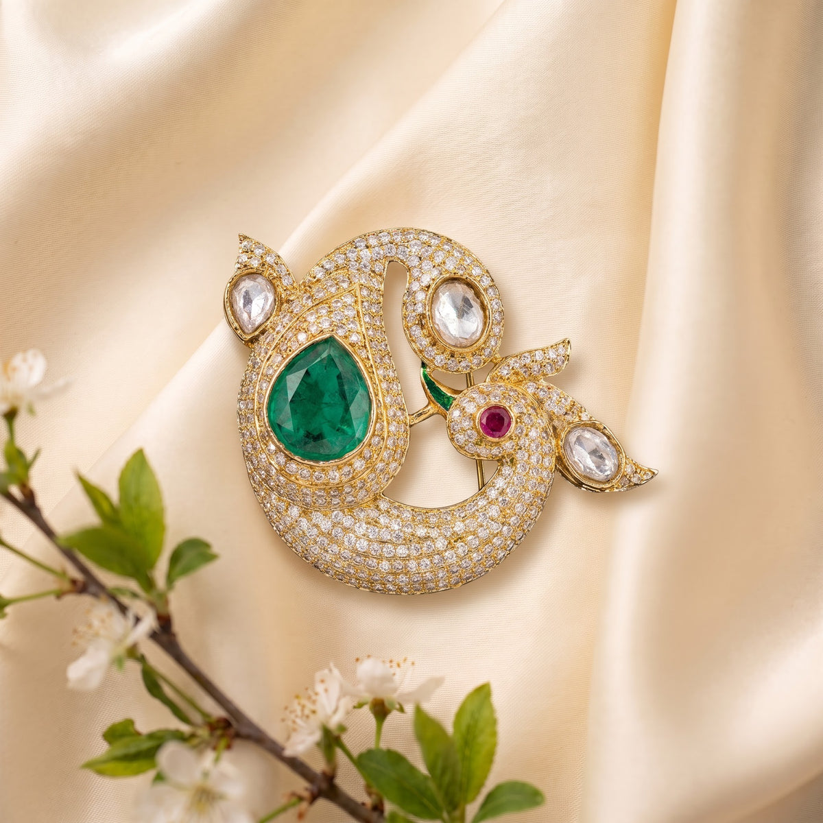 Emerald Ruby Kundan Peacock Heritage Brooch