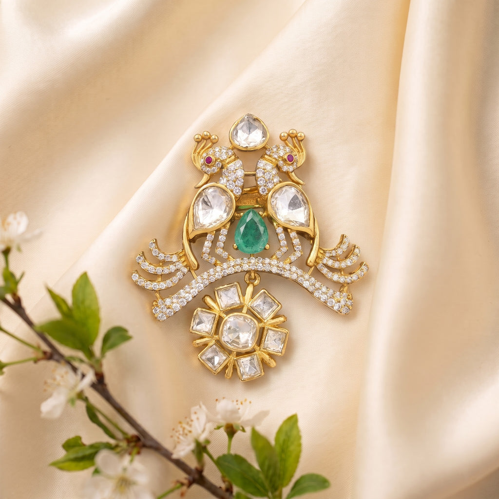 Royal Mayura Emerald Kundan Statement Brooch