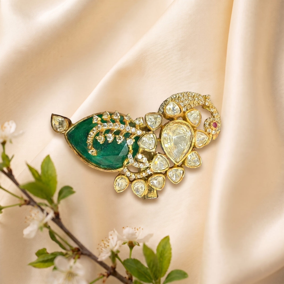 Emerald Kundan Peacock Heritage Brooch