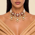 Rani Ruby Kundan Pearl Cascade Necklace Set