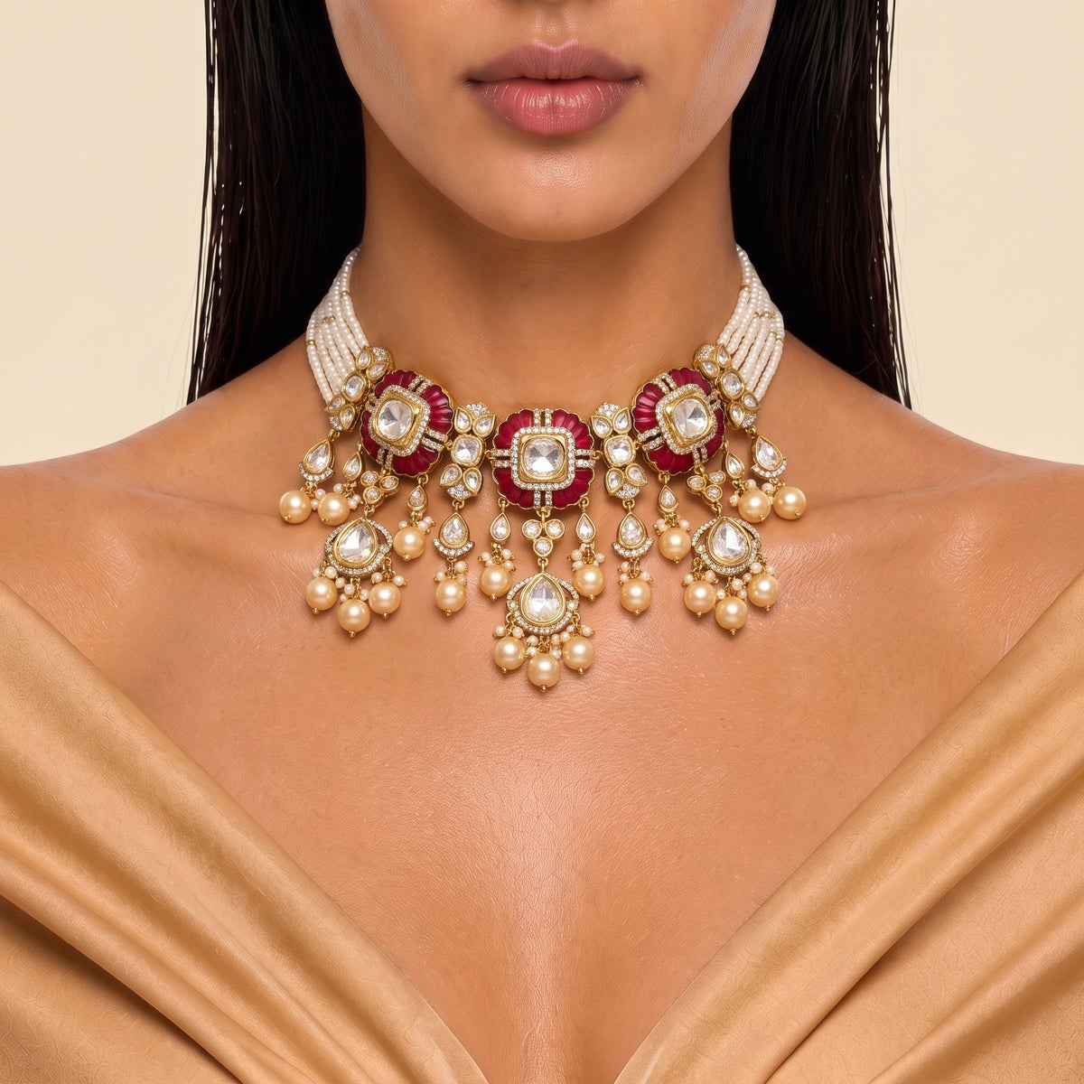 Rani Ruby Kundan Pearl Cascade Necklace Set