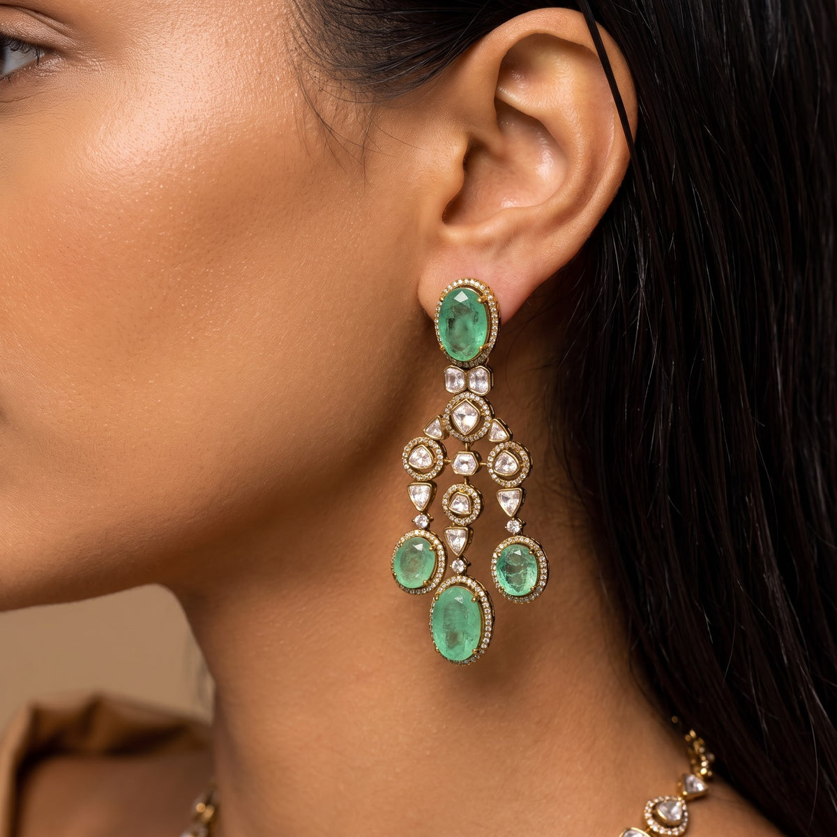 Zareen Emerald Kundan Cascade Necklace Set