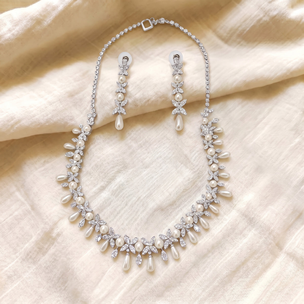 Aurelle Diamond Pearl Cascade Necklace Set