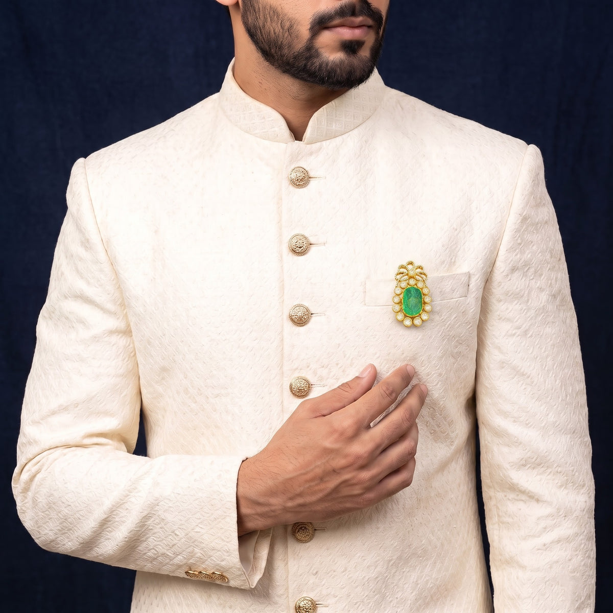 Royal Emerald Polki Kundan Heritage Brooch