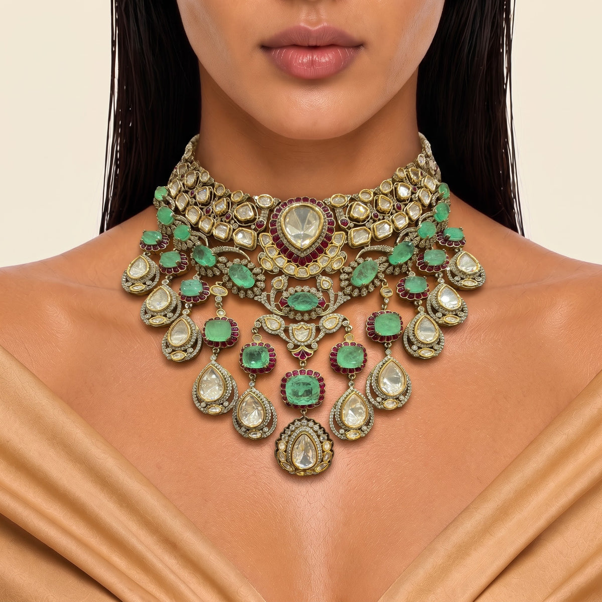 Noor Emerald Ruby Kundan Cascade Necklace Set